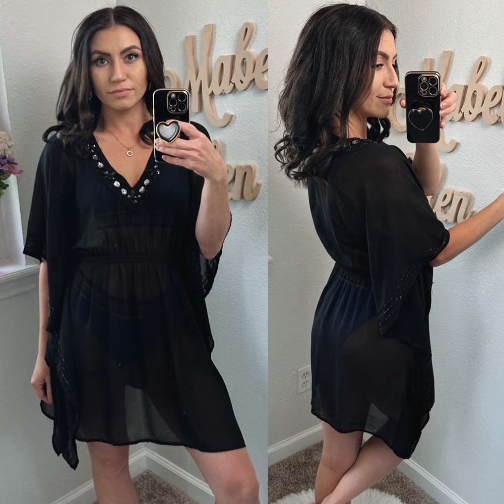 Love Stitch Dapper black beaded bathing suit cover up dress size Small
